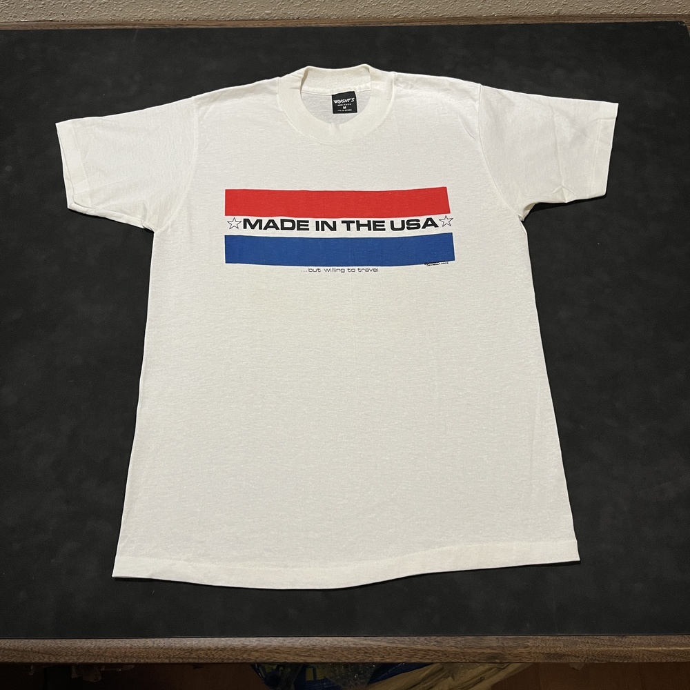 Vintage Made In The USA Shirt Mens Medium White Red Blue Graphic Tee Travel 90s